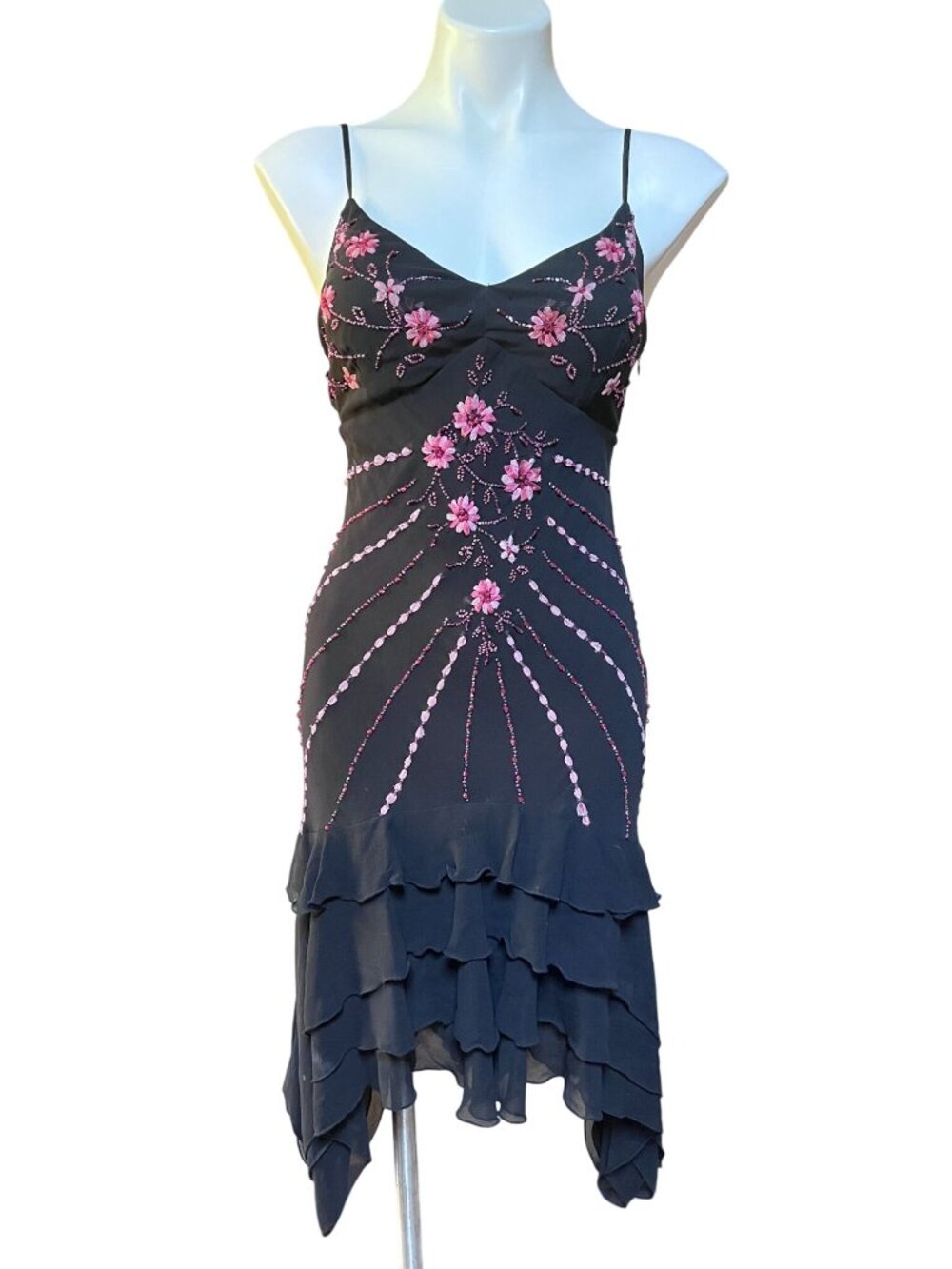 Sue Wong Silk Y2K Fairy Dress Pink Floral Beading Handkerchief Hem Lace-Up Back